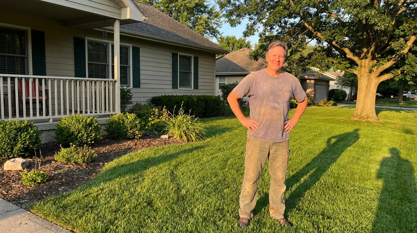 A happy person admiring their perfectly clean yard.