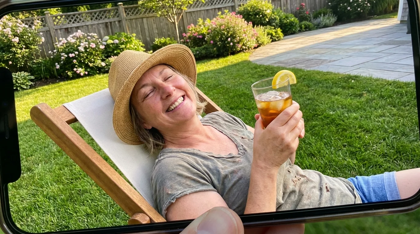 A person relaxing after finishing their yard work quickly.